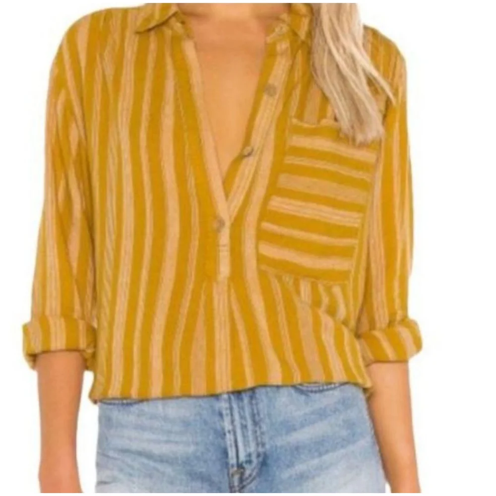 Women's We The Free Yellow Striped Button Down Shirt Size XS